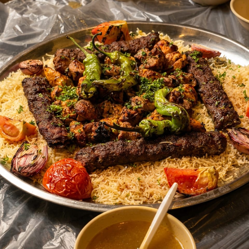 Metal platter with grilled chicken, beef kebabs, rice, peppers, tomatoes, and onions on a plastic sheet.