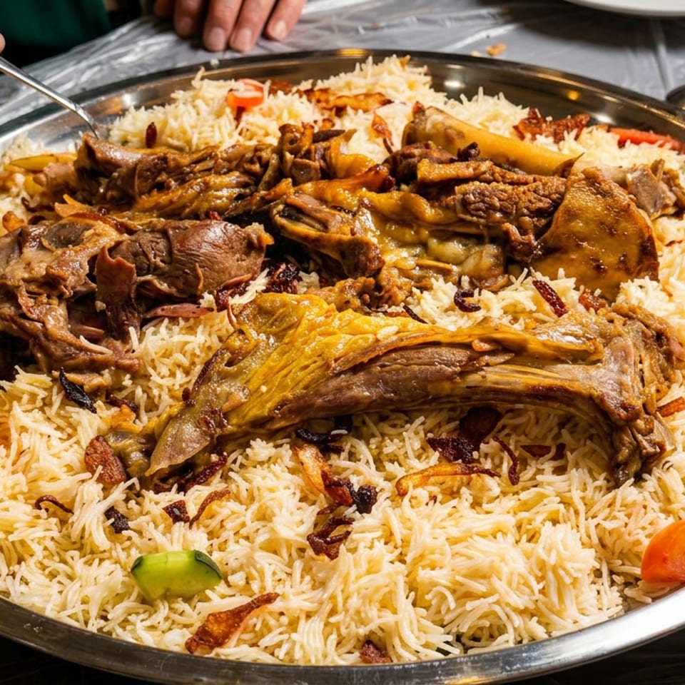 Large communal platter of spiced rice and roasted meat, with a hand serving.