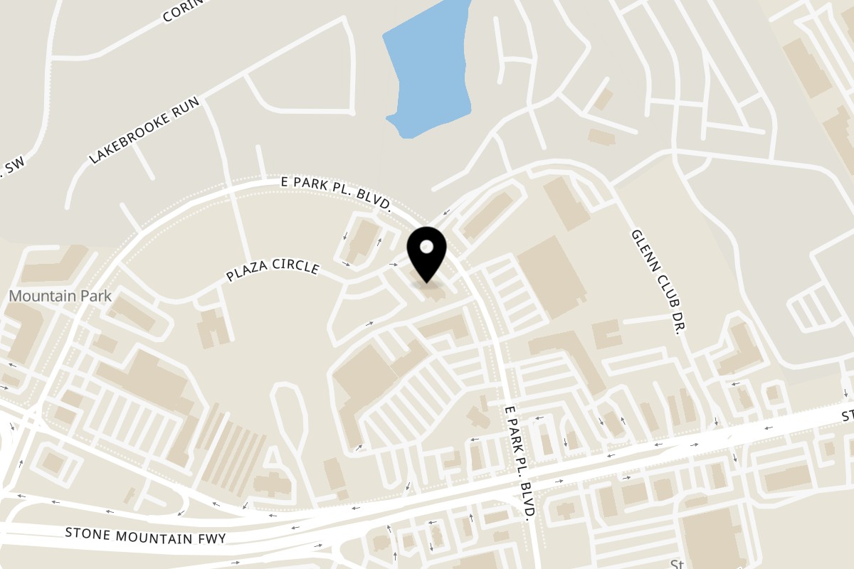 Map showing the location of Azouma Yemeni Restaurant on 1580 E Park Pl Blvd in Stone Mountain